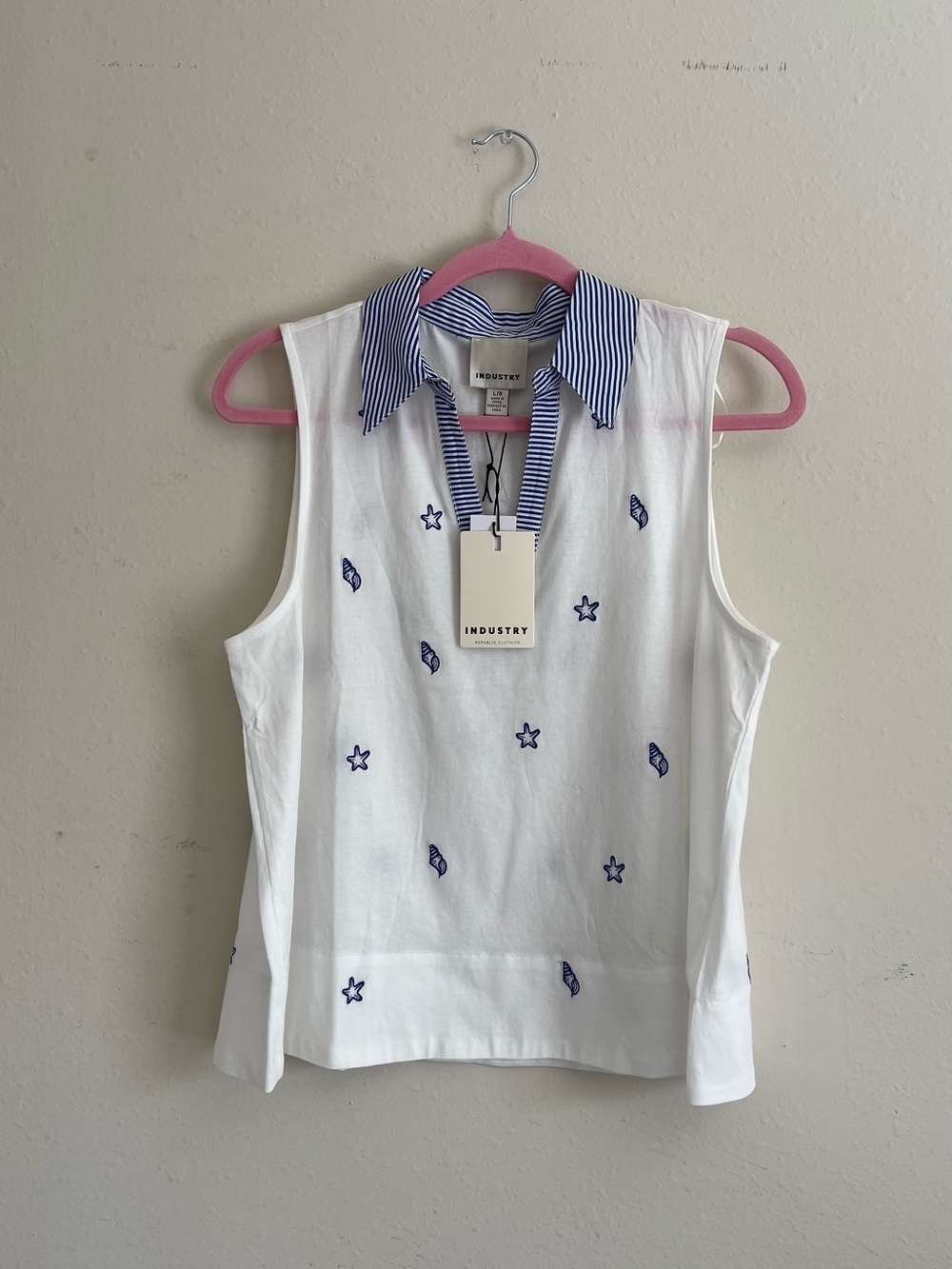 INDUSTRY White Sleeveless Collared Tank with Navy Embroidery